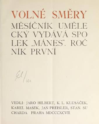 Volné směry, ročník I, page de titre. Wikimedia Commons, d'après Internet Archive (domaine public)