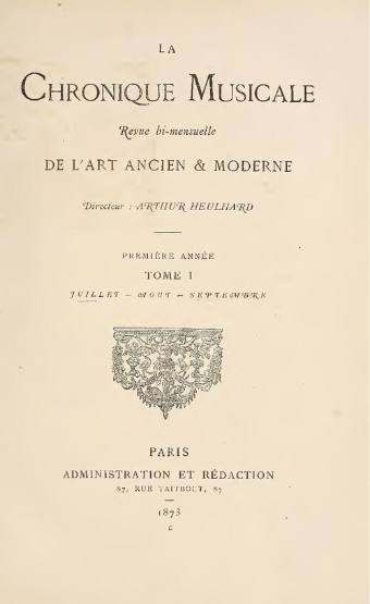 La Chronique musicale, tome I, 1873, page de titre. Wikimedia Commons, d'après Internet Archive (domaine public)
