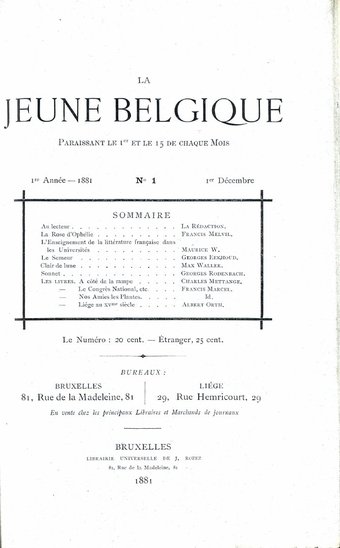 La Jeune Belgique, n° 1, 1er décembre 1881. Digithèque de l'Université libre de Bruxelles (œuvre libre de droits selon la Digithèque)